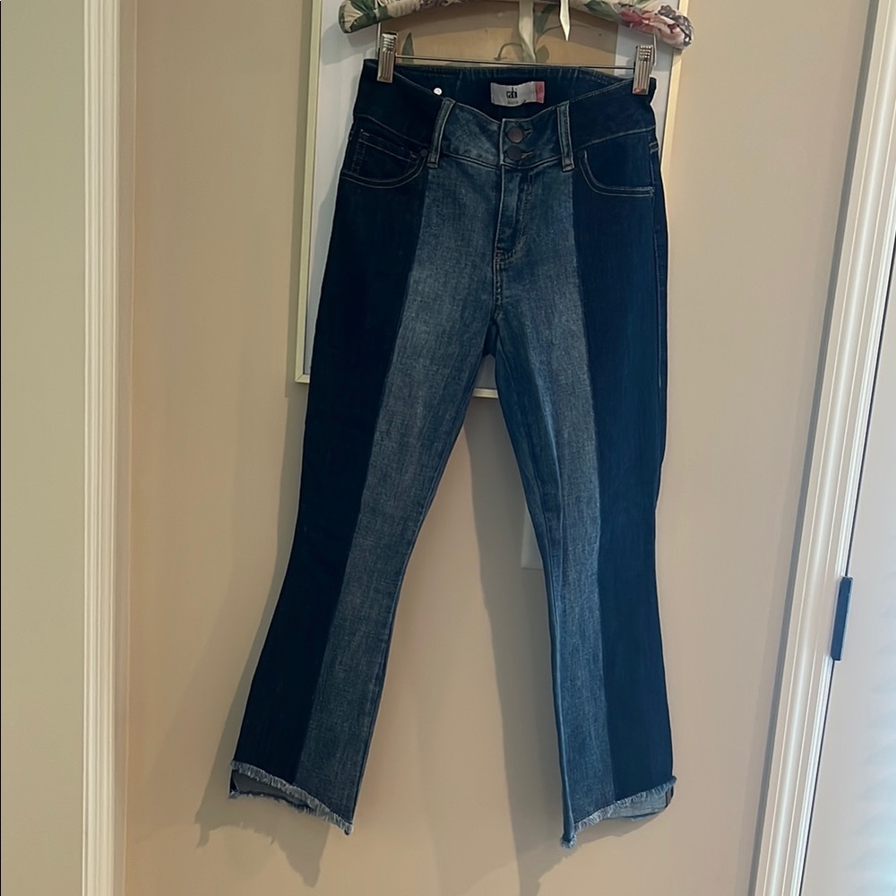 CAbi Two-Tone Flare Jeans - Dark and Light Blue